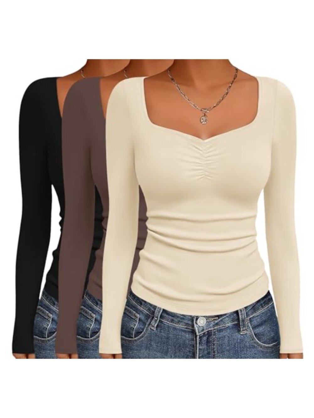 Ekouaer 3 Pack Long Sleeve Sweetheart Neck Fitted Thermal Tops